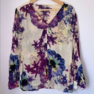 Kora Rae Blouse Top Silk Cream and Purple Graphic Floral Size Medium